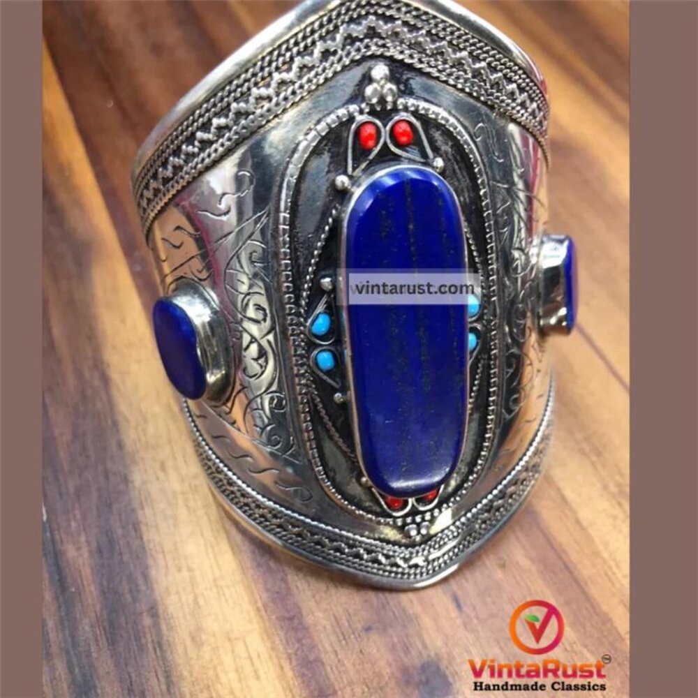 Single Kuchi Lapis Lazuli Cuff Bracelet: Vintage Tribal Boho Jewelry - Picture 2 of 13